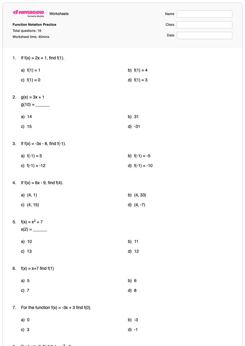 Function Notation Practice - พิมพ์ได้ สัญกรณ์ฟังก์ชัน เวิร์กชีท ระดับ 7 - Wayground