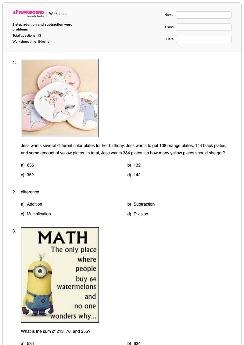 2 step addition and subtraction word problems - พิมพ์ได้ โจทย์ปัญหาเกี่ยวกับการลบ เวิร์กชีท - Wayground