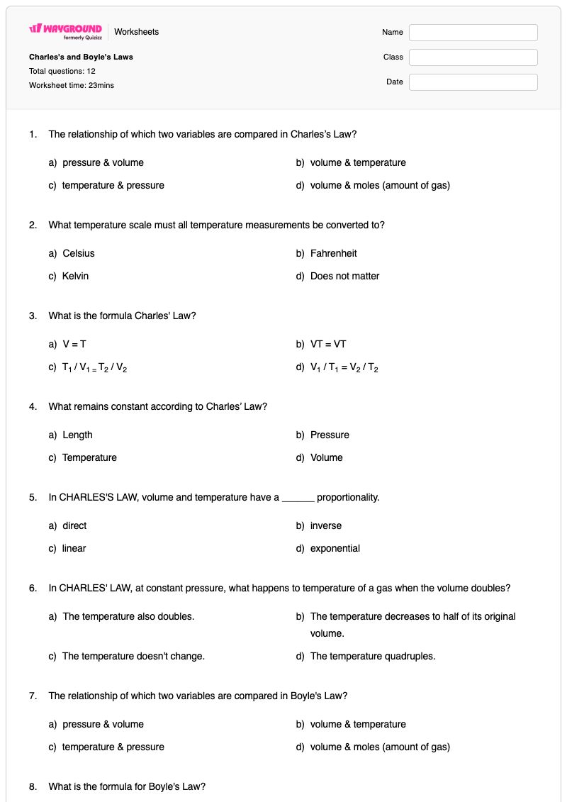 Charles's and Boyle's Laws - พิมพ์ได้ กฎของบอยล์ เวิร์กชีท ระดับ 11 - Wayground