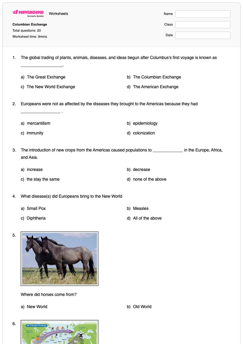 Columbian Exchange - Printable Columbian-exchange Worksheets Class 7 - Wayground