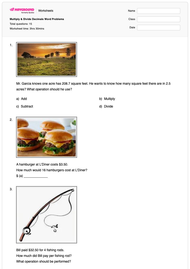 Multiply & Divide Decimals Word Problems - พิมพ์ได้ Decimal-word-problems เวิร์กชีท - Wayground