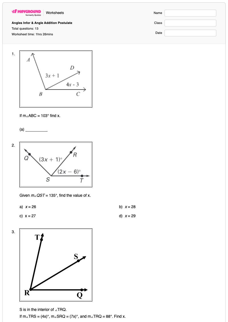 Angles Infor & Angle Addition Postulate - Printable Addition Worksheets - Wayground