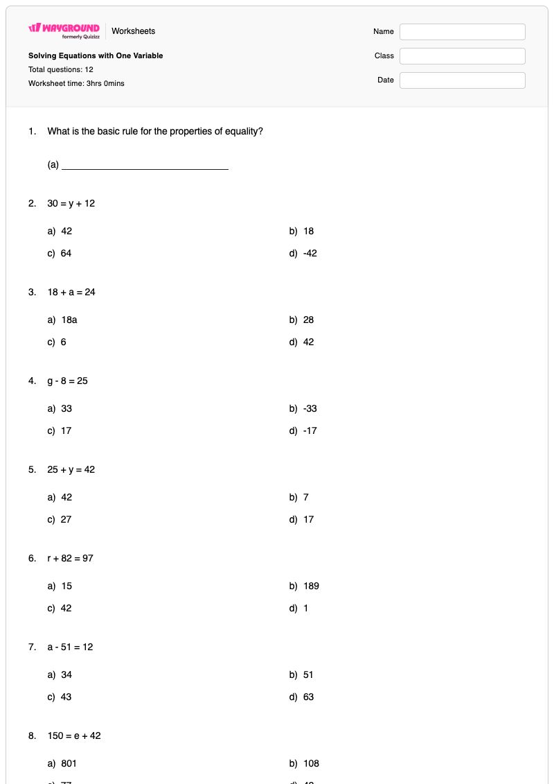 Solving Equations with One Variable - Printable Properties-of-equality Worksheets Year 6 - Wayground