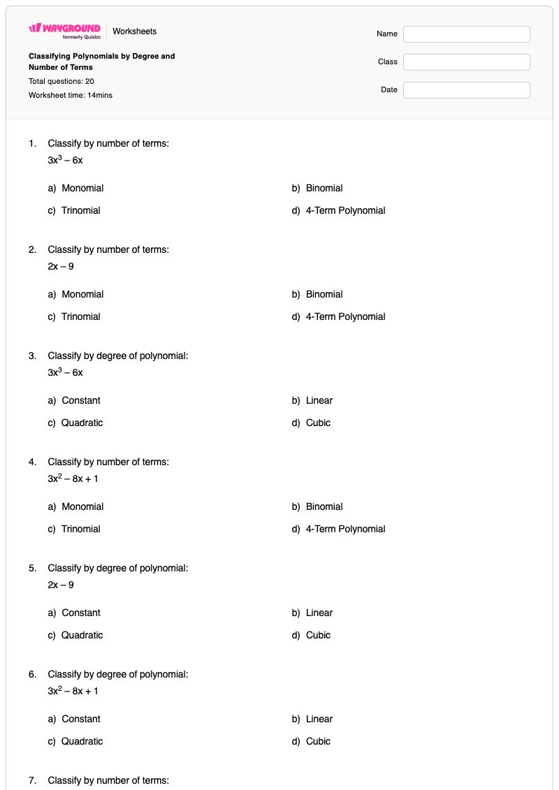Classifying Polynomials by Degree and Number of Terms - พิมพ์ได้ Classifying-numbers เวิร์กชีท - Wayground