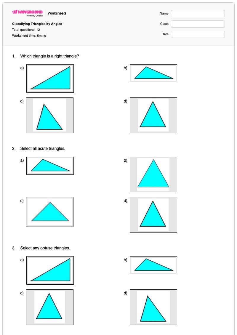 Classifying Triangles by Angles - พิมพ์ได้ การคำนวณมุม เวิร์กชีท ระดับ 4 - Wayground