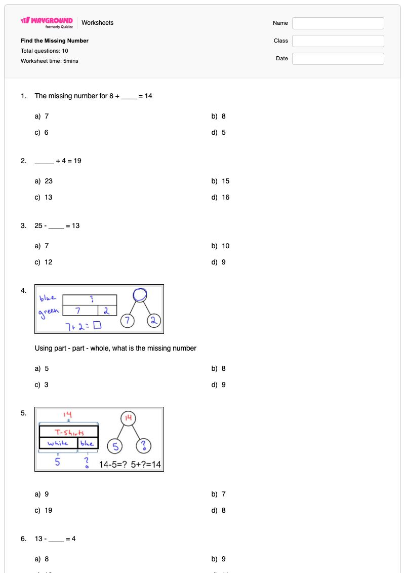 Find the Missing Number - พิมพ์ได้ Missing-number-problems เวิร์กชีท ระดับ 1 - Wayground