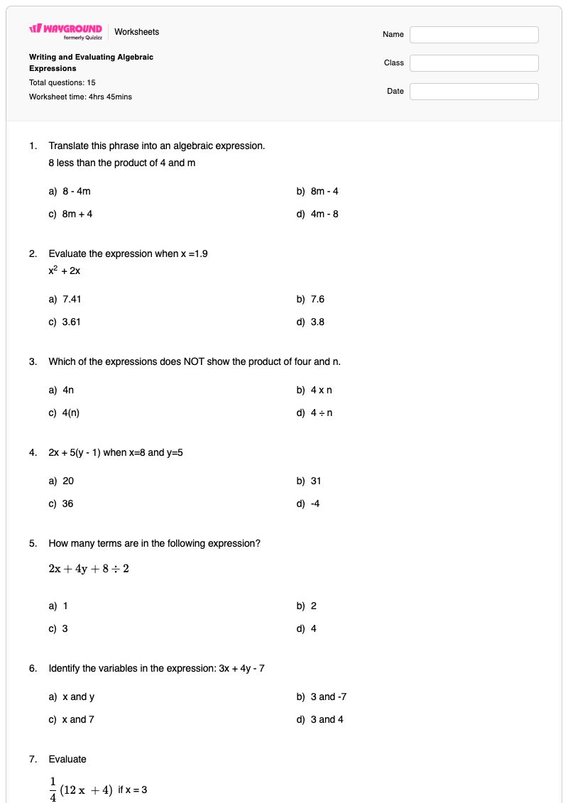 Writing and Evaluating Algebraic Expressions - พิมพ์ได้ การประเมินนิพจน์ เวิร์กชีท - Wayground