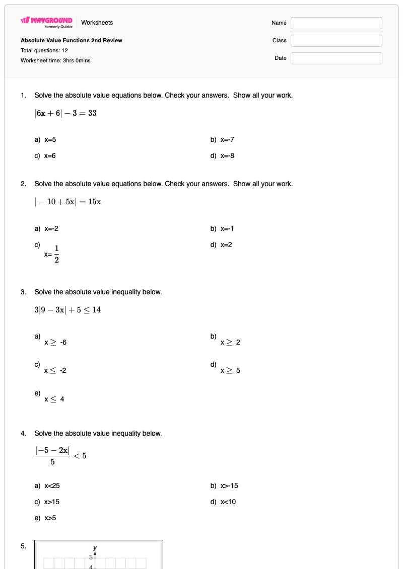 Absolute Value Functions 2nd Review  - Printable Absolute-value-equations-functions-and-inequalities Worksheets Class 11 - Wayground