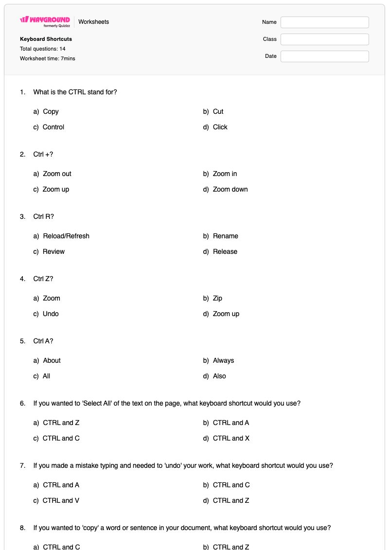 Keyboard Shortcuts - Printable The-letter-i Worksheets - Wayground