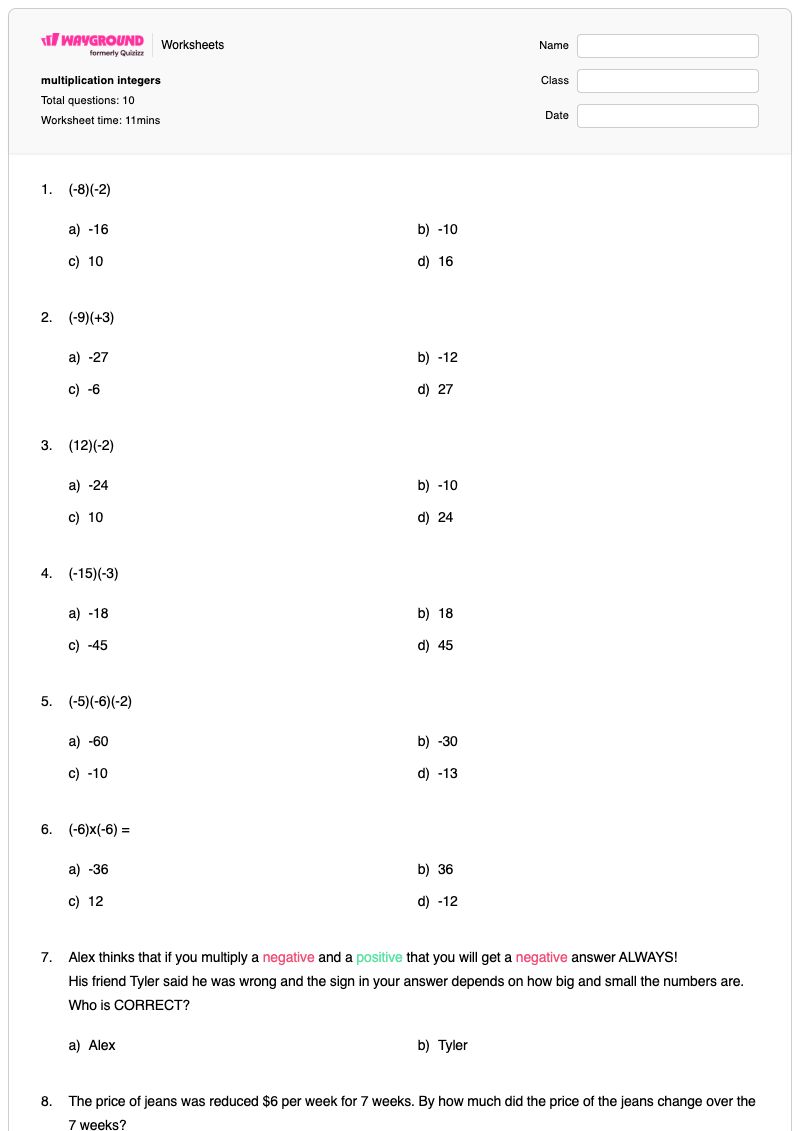 multiplication integers - พิมพ์ได้ จำนวนเต็มบวกและจำนวนเต็มลบ เวิร์กชีท - Wayground