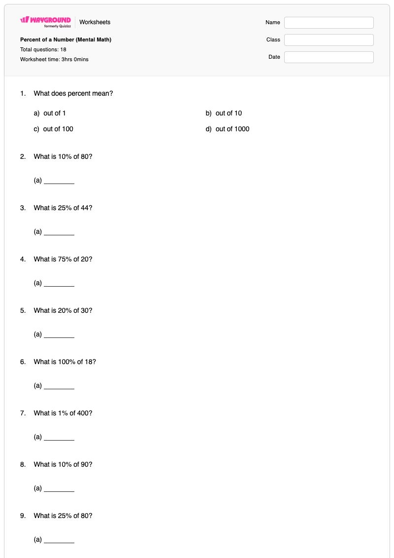 Percent of a Number (Mental Math) - Printable Percentage-of-a-quantity Worksheets Class 6 - Wayground