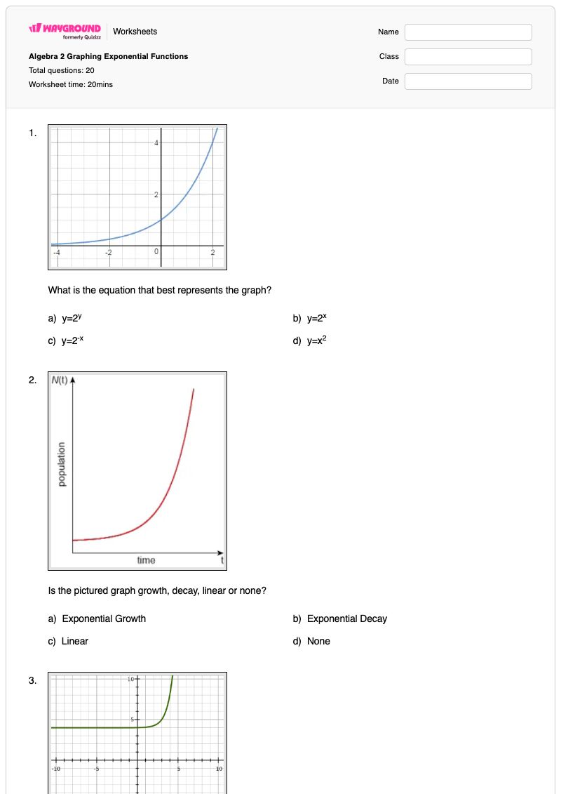 Algebra 2 Graphing Exponential Functions - Printable Algebra-2 Worksheets - Wayground