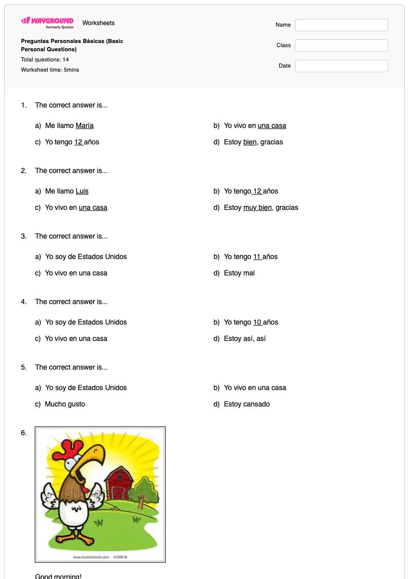 Preguntas Personales Básicas (Basic Personal Questions) - Imprimible Aptitud-física-personal Hojas-de-trabajo Grado 6 - Wayground