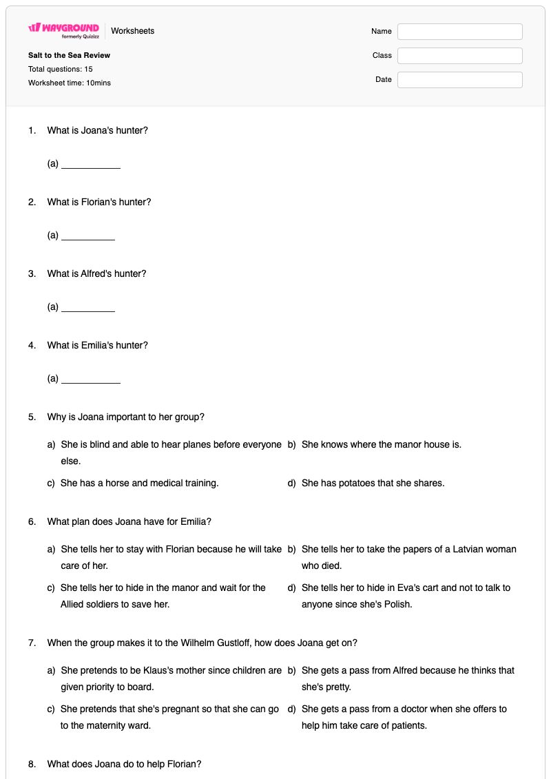 Salt to the Sea Review - Printable Response-to-literature Worksheets Class 9 - Wayground