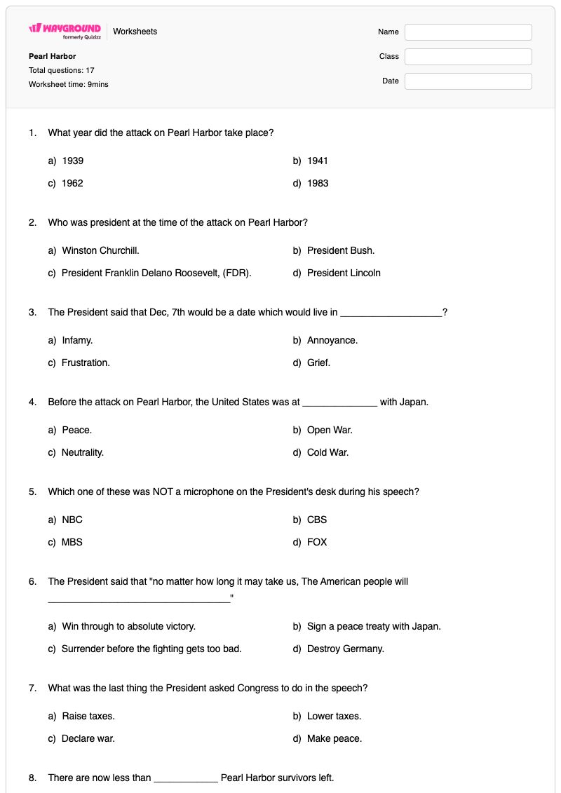 Pearl Harbor - Printable Pearl-harbor Worksheets - Wayground