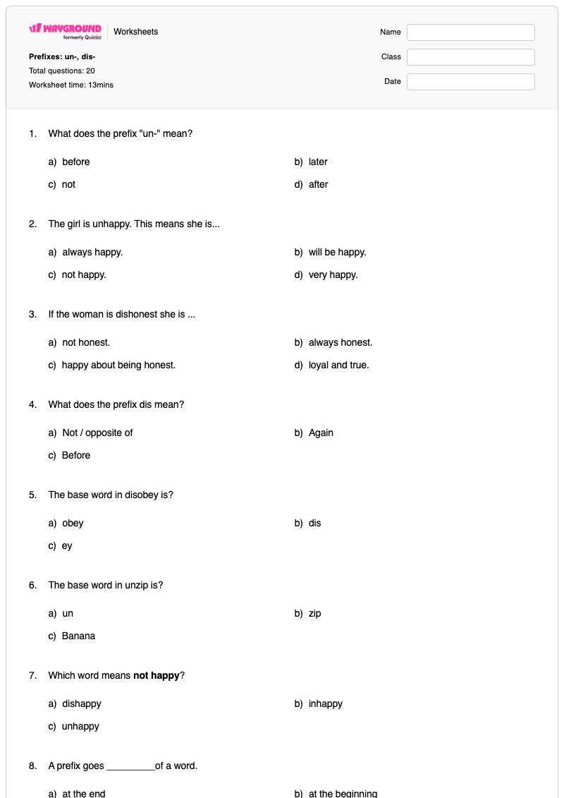 Prefixes: un-, dis- - Printable Prefix:-dis Worksheets Year 2 - Wayground