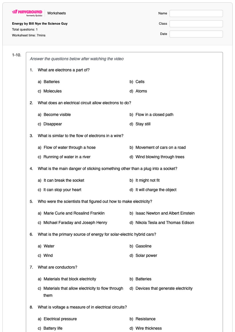 Energy by Bill Nye the Science Guy - Printable Science Worksheets - Wayground