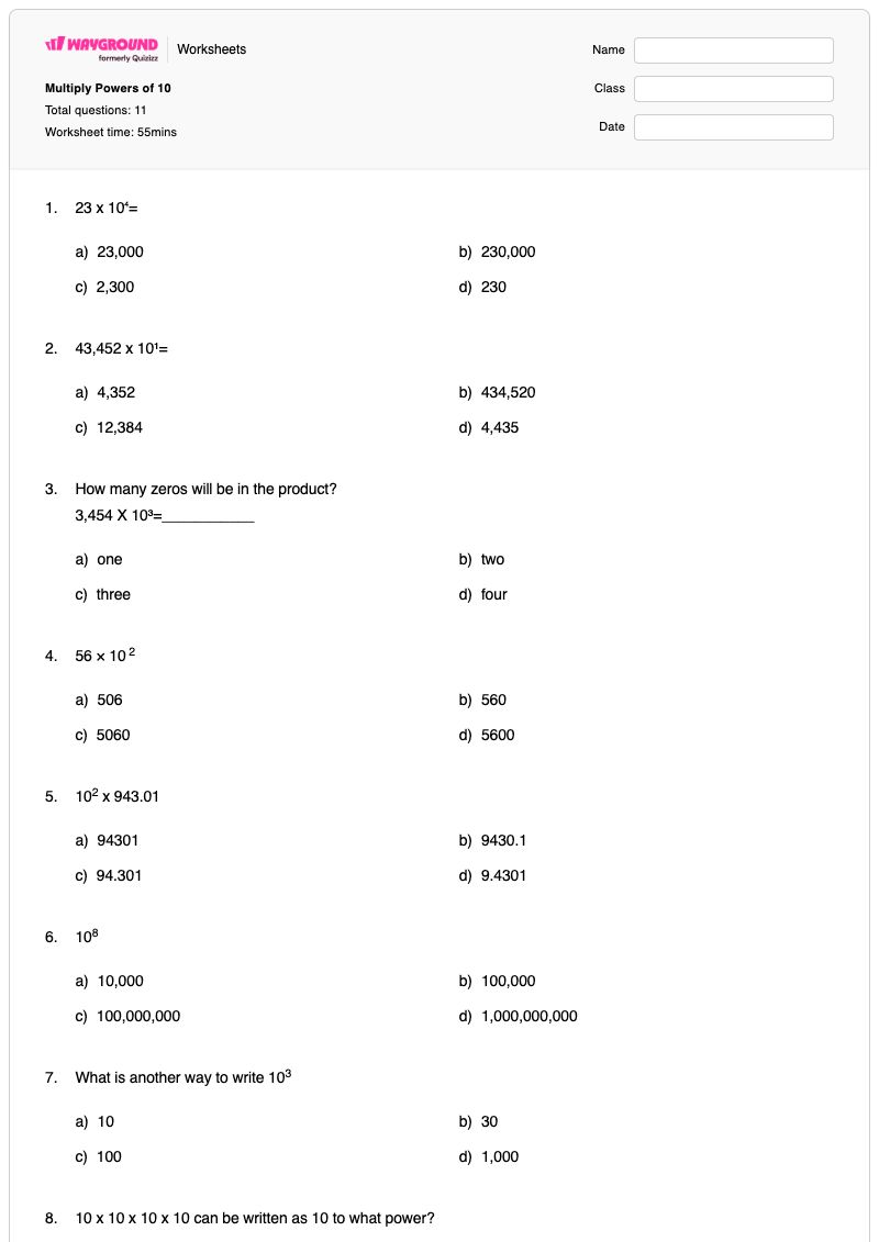 Multiply Powers of 10 - Printable Powers-of-10 Worksheets - Wayground
