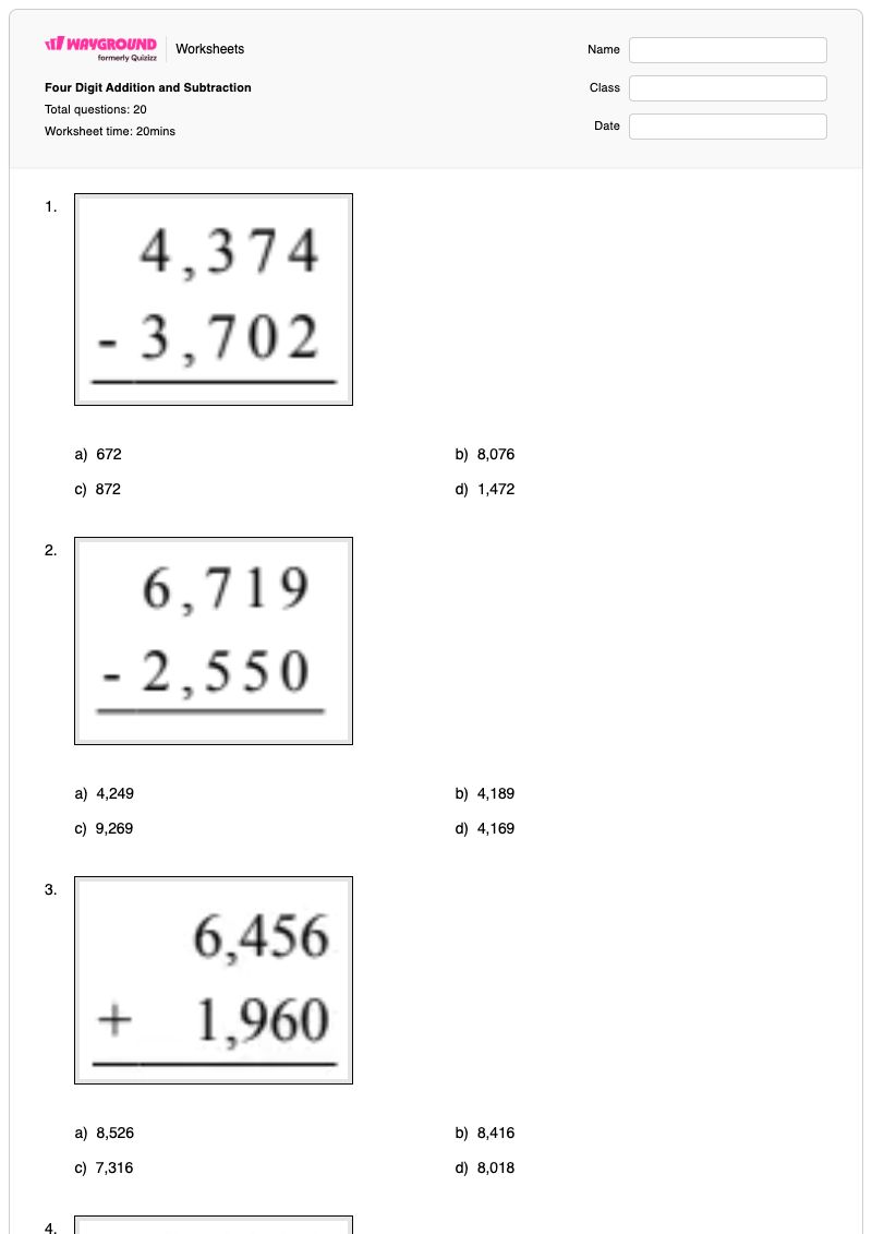 Four Digit Addition and Subtraction - พิมพ์ได้ Addition-and-subtraction เวิร์กชีท - Wayground