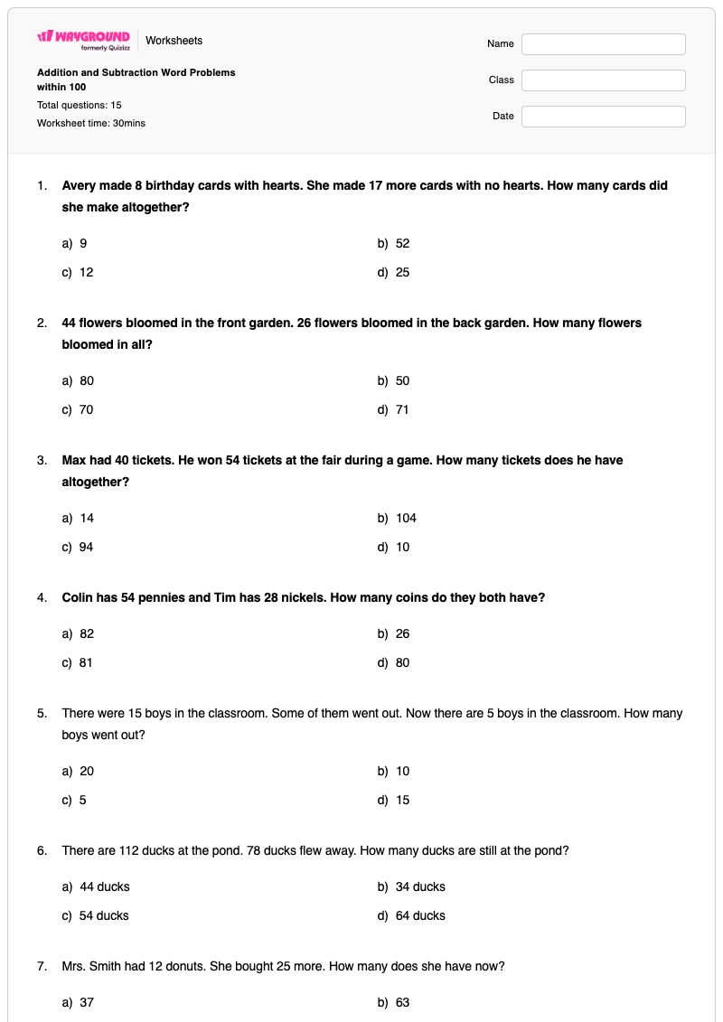 Addition and Subtraction Word Problems within 100 - พิมพ์ได้ โจทย์ปัญหาเกี่ยวกับการลบ เวิร์กชีท - Wayground