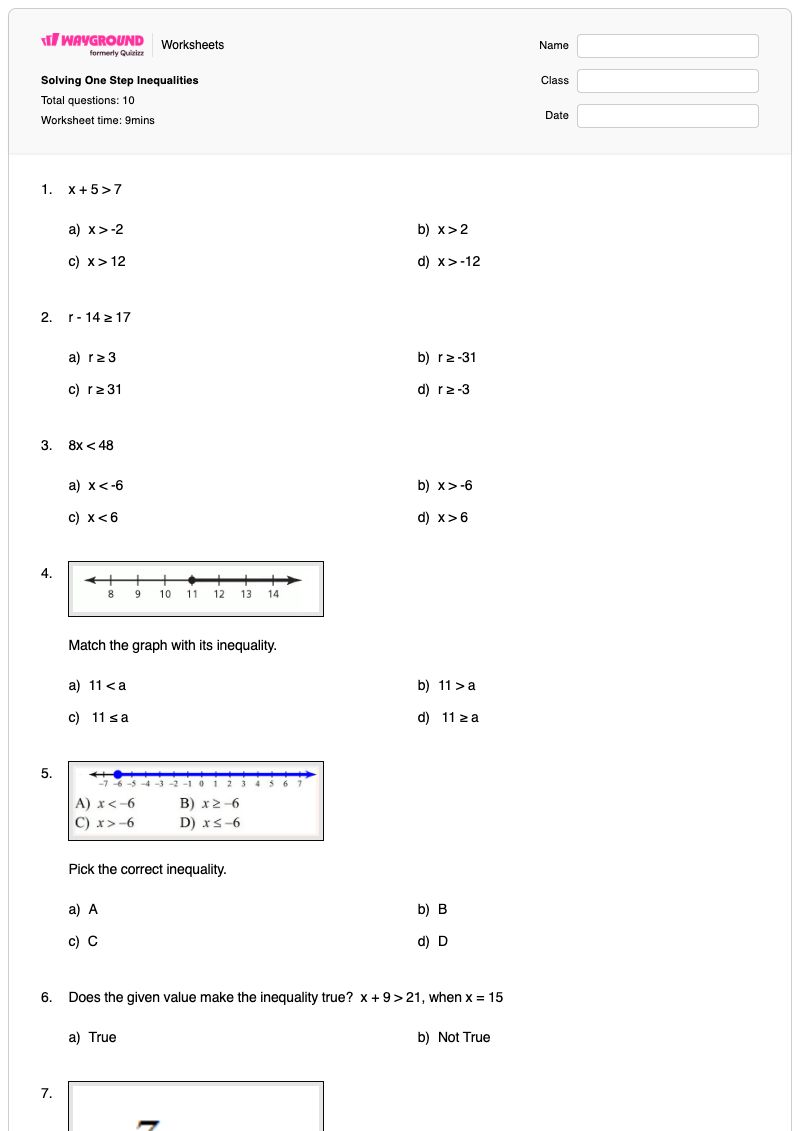 Solving One Step Inequalities - Printable One-step-inequalities Worksheets Grade 6 - Wayground