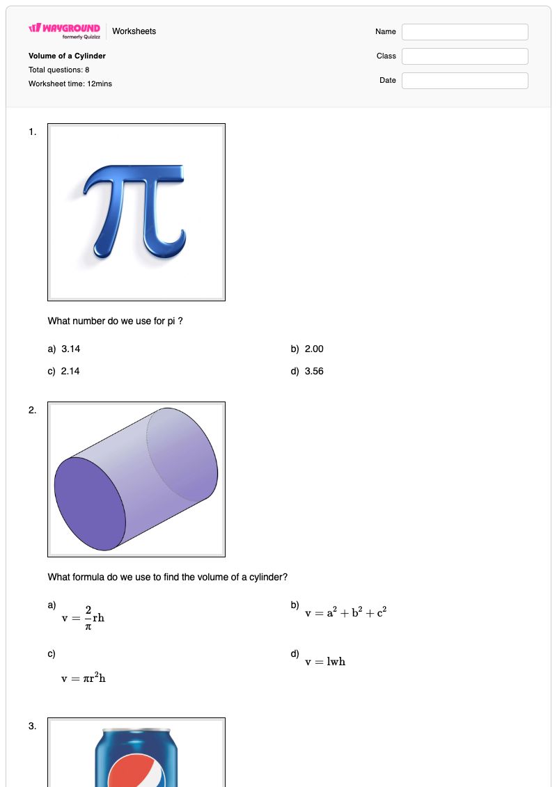 Volume of a Cylinder - พิมพ์ได้ ปริมาตรของกระบอกสูบ เวิร์กชีท - Wayground