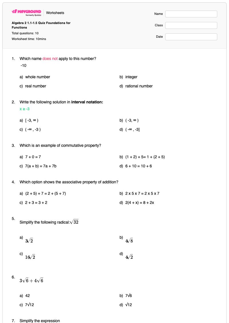 Algebra 2 1.1-1.5 Quiz Foundations for Functions - Printable Algebra-2 Worksheets - Wayground