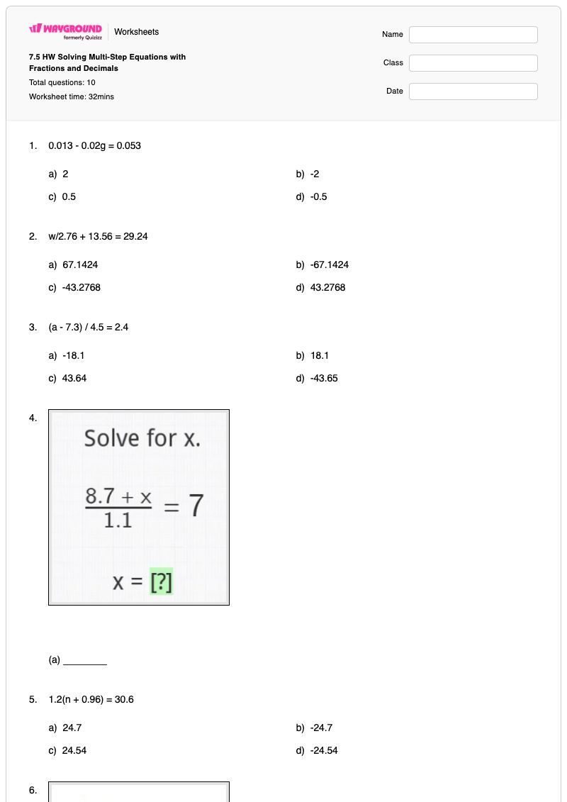 7.5 HW Solving Multi-Step Equations with Fractions and Decimals - พิมพ์ได้ Multi-step-fraction-equations เวิร์กชีท - Wayground