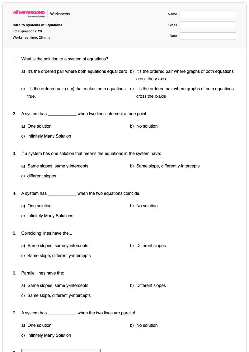 Intro to Systems of Equations - Printable Systems-of-equations Worksheets - Wayground