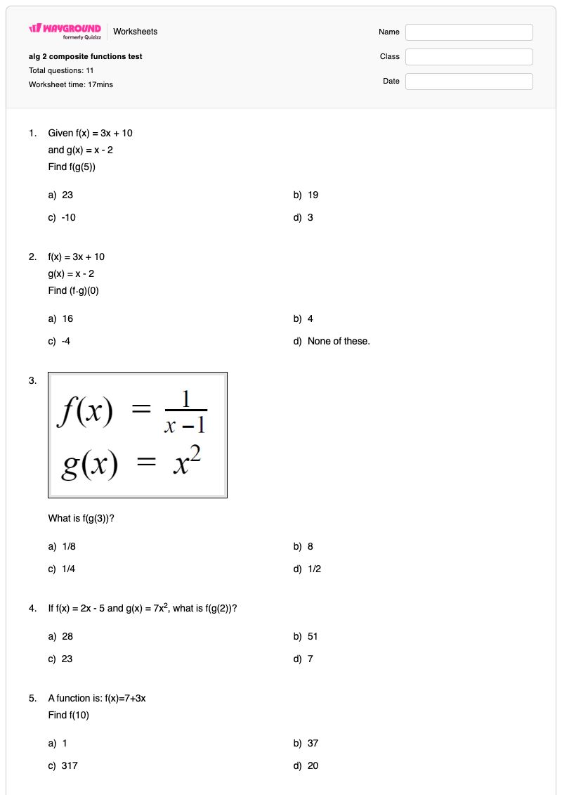 alg 2 composite functions test - Printable Algebra-2 Worksheets - Wayground