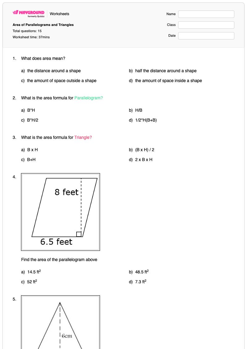 Area of Parallelograms and Triangles - Printable Area-of-a-parallelogram Worksheets - Wayground