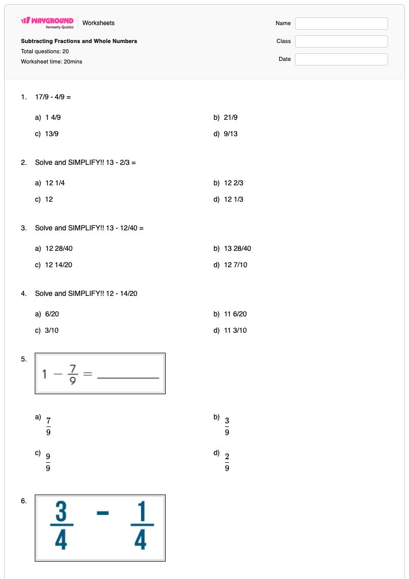 Subtracting Fractions and Whole Numbers - Printable Subtracting-fractions Worksheets - Wayground