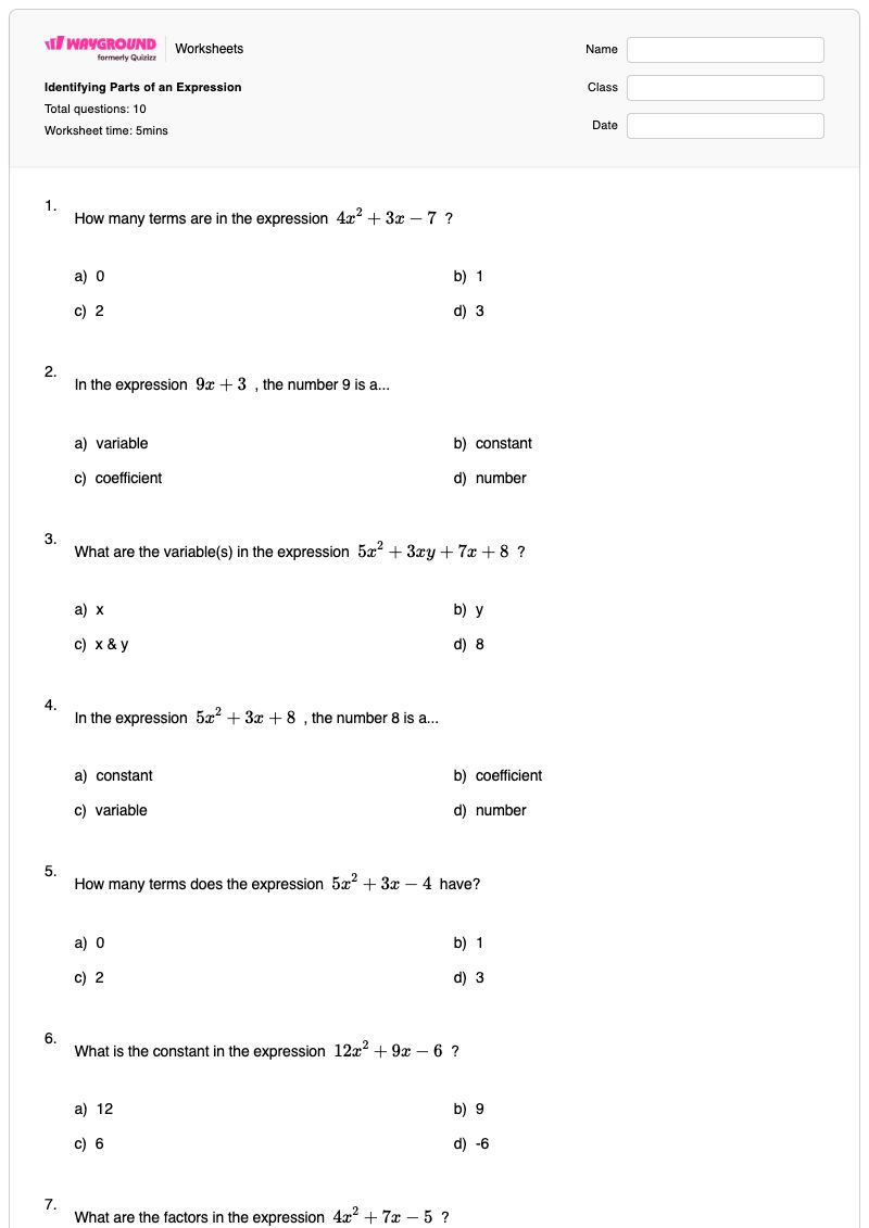 Identifying Parts of an Expression - Printable Parts-of-an-expression Worksheets - Wayground