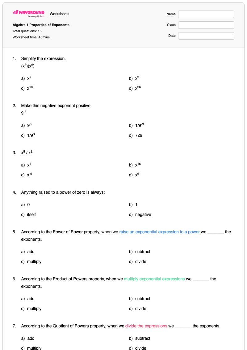Algebra 1 Properties of Exponents - พิมพ์ได้ คุณสมบัติของเลขยกกำลัง เวิร์กชีท - Wayground
