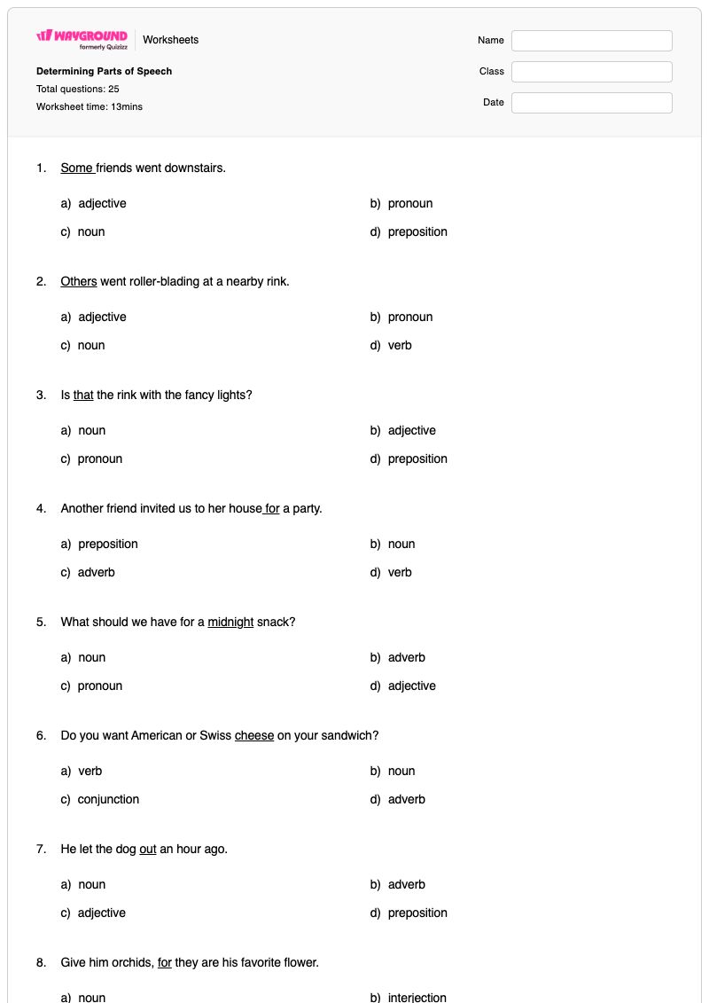 Determining Parts of Speech - พิมพ์ได้ ส่วนประกอบของคำพูด เวิร์กชีท - Wayground