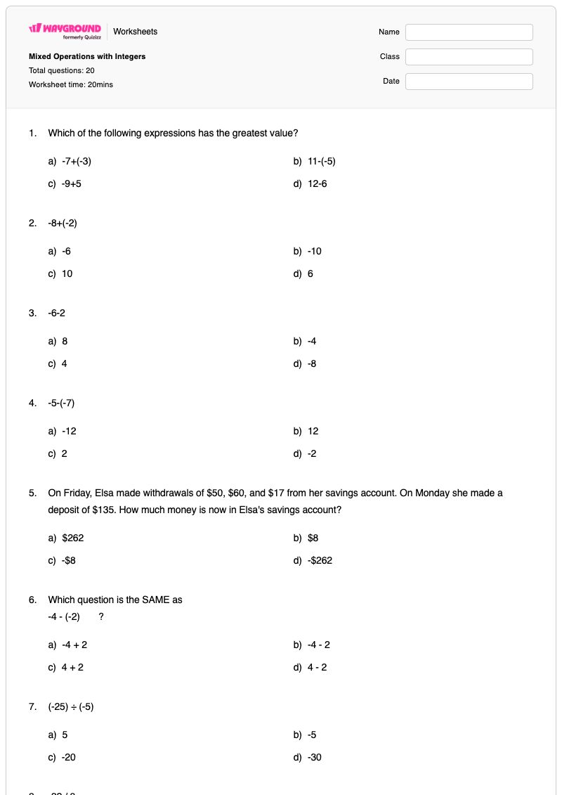 Mixed Operations with Integers - Printable Mixed-operations Worksheets - Wayground