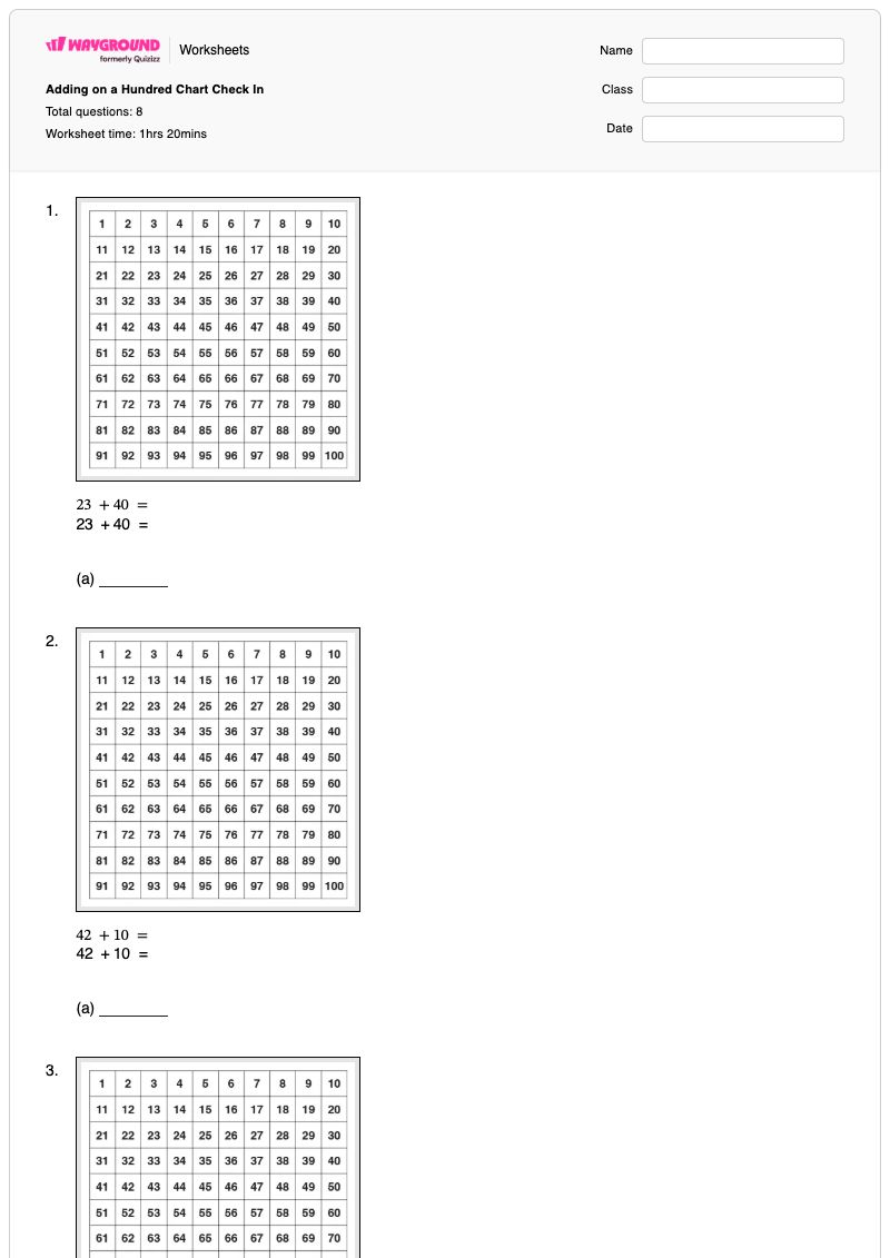 Adding on a Hundred Chart Check In - Printable Hundreds-charts Worksheets - Wayground
