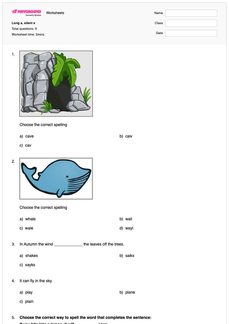 Long a, silent e - Printable Long-a-short-a Worksheets Grade 1 - Wayground