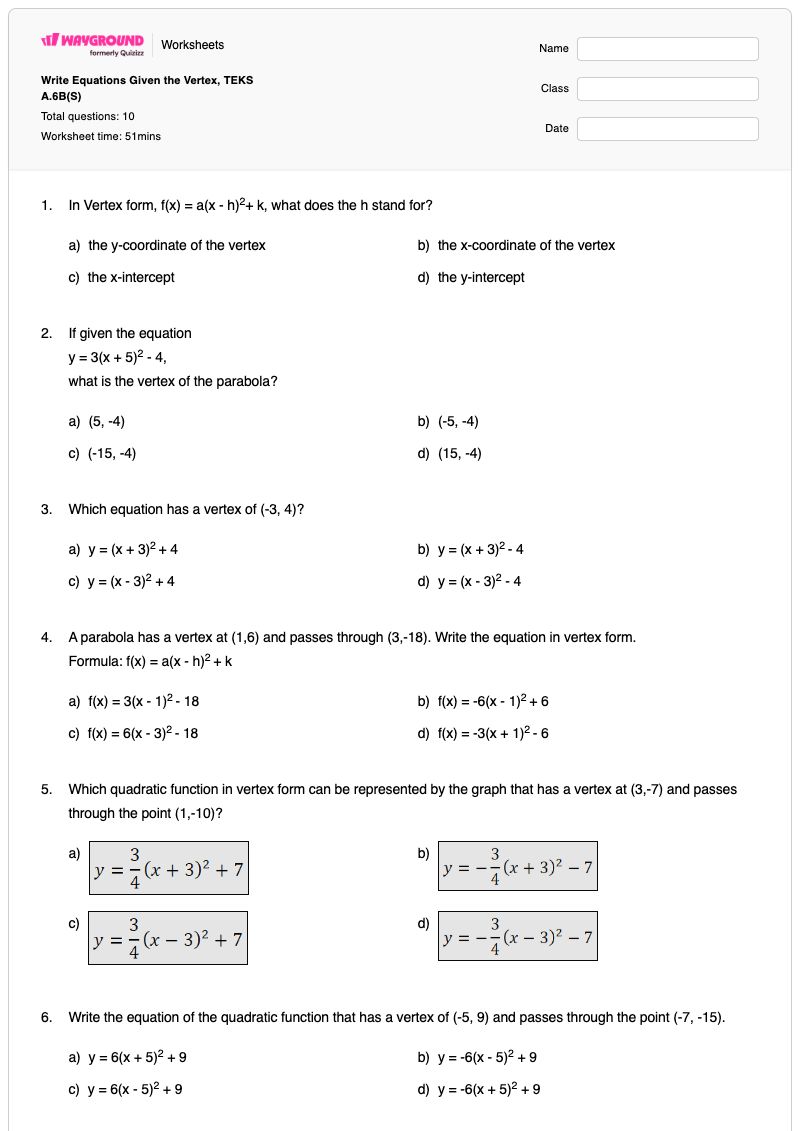 Write Equations Given the Vertex, TEKS A.6B(S) - พิมพ์ได้ Vertex-form เวิร์กชีท - Wayground