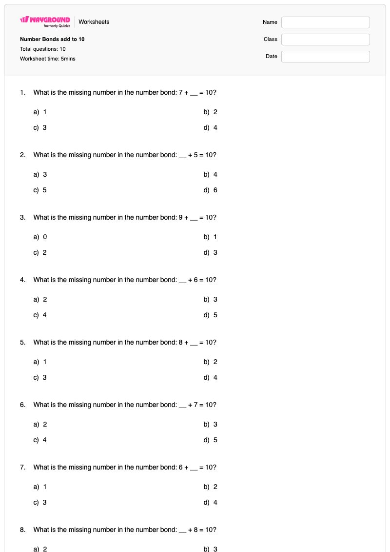 Number Bonds add to 10 - Printable Bonds-to-5 Worksheets Grade 1 - Wayground