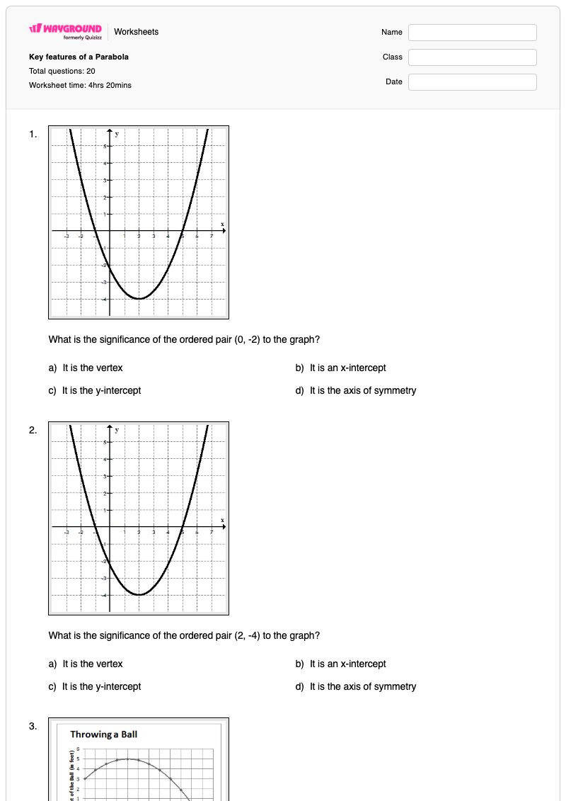 Key features of a Parabola - Printable Parabola Worksheets - Wayground