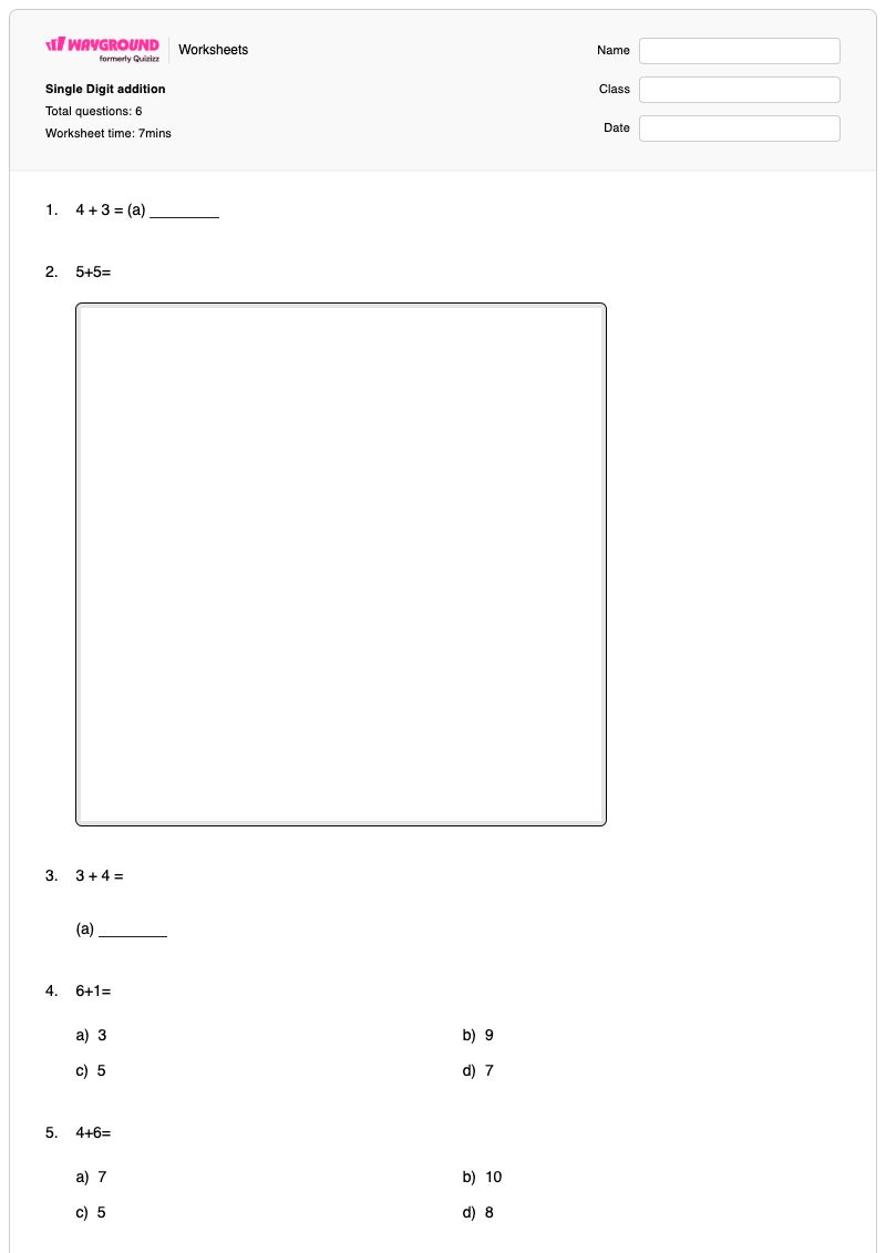 Single Digit addition - พิมพ์ได้ Value-of-digits เวิร์กชีท ระดับ 1 - Wayground
