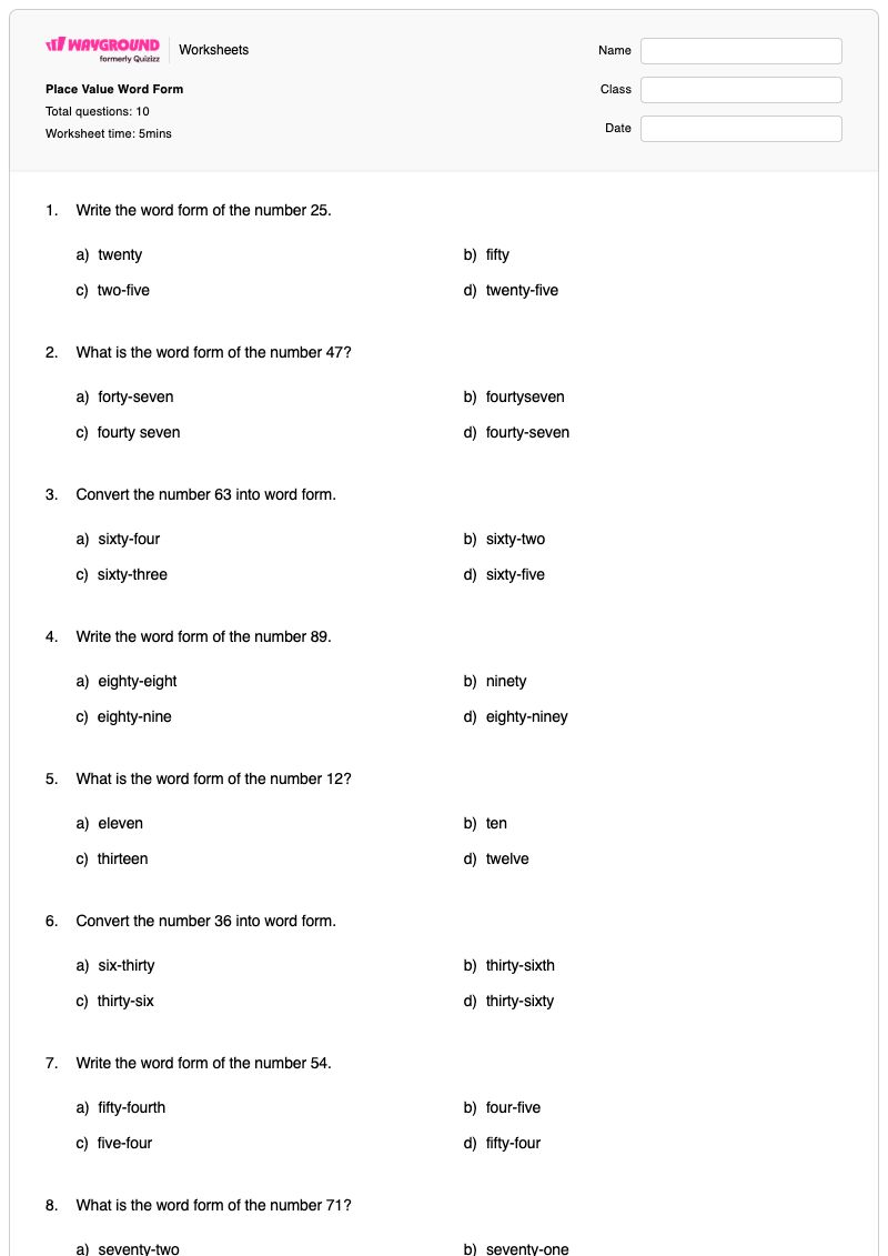 Place Value Word Form - พิมพ์ได้ คำศัพท์เกี่ยวกับตัวเลข เวิร์กชีท - Wayground