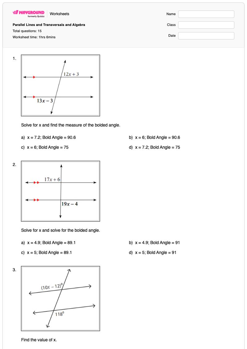 Parallel Lines and Transversals and Algebra - พิมพ์ได้ เส้นตัดขวางของเส้นขนาน เวิร์กชีท - Wayground