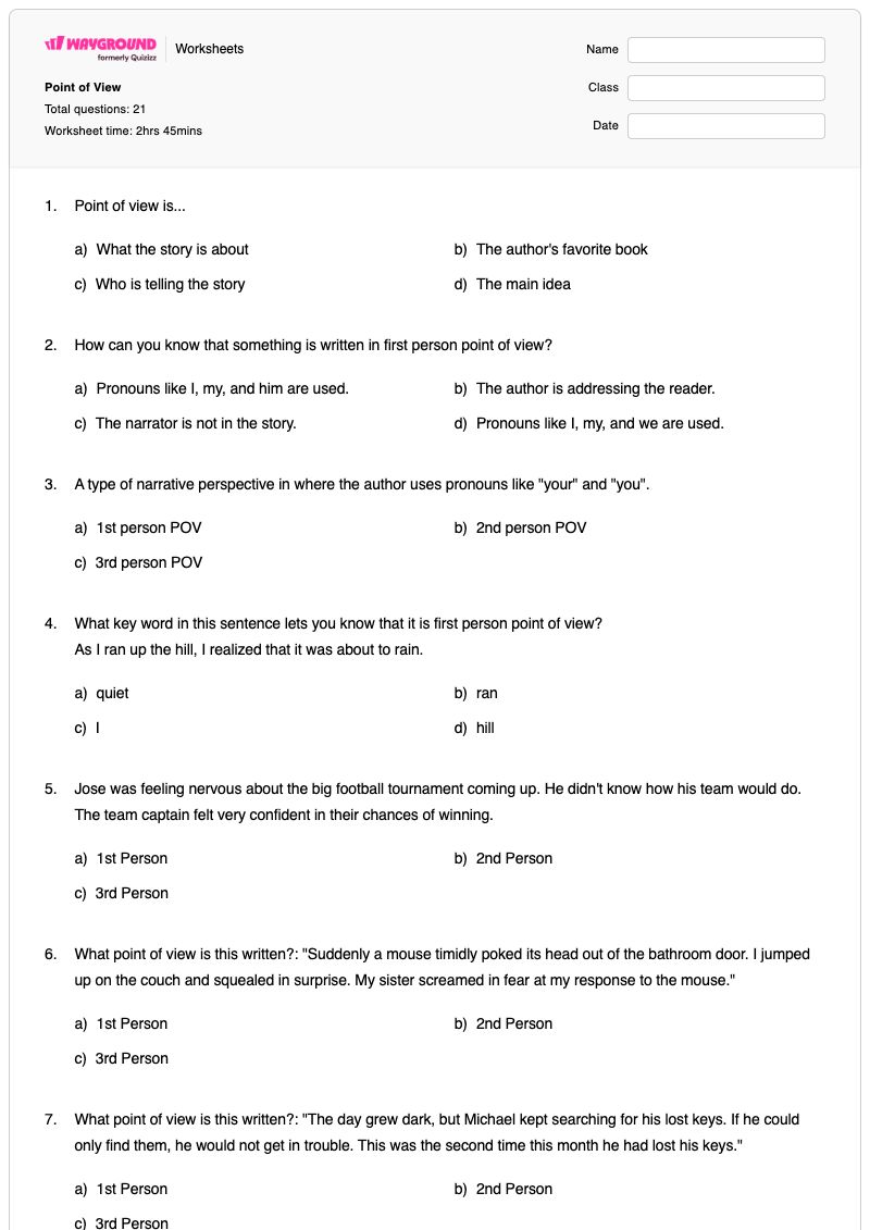 Point of View  - Printable First-and-third-person-point-of-view Worksheets - Wayground