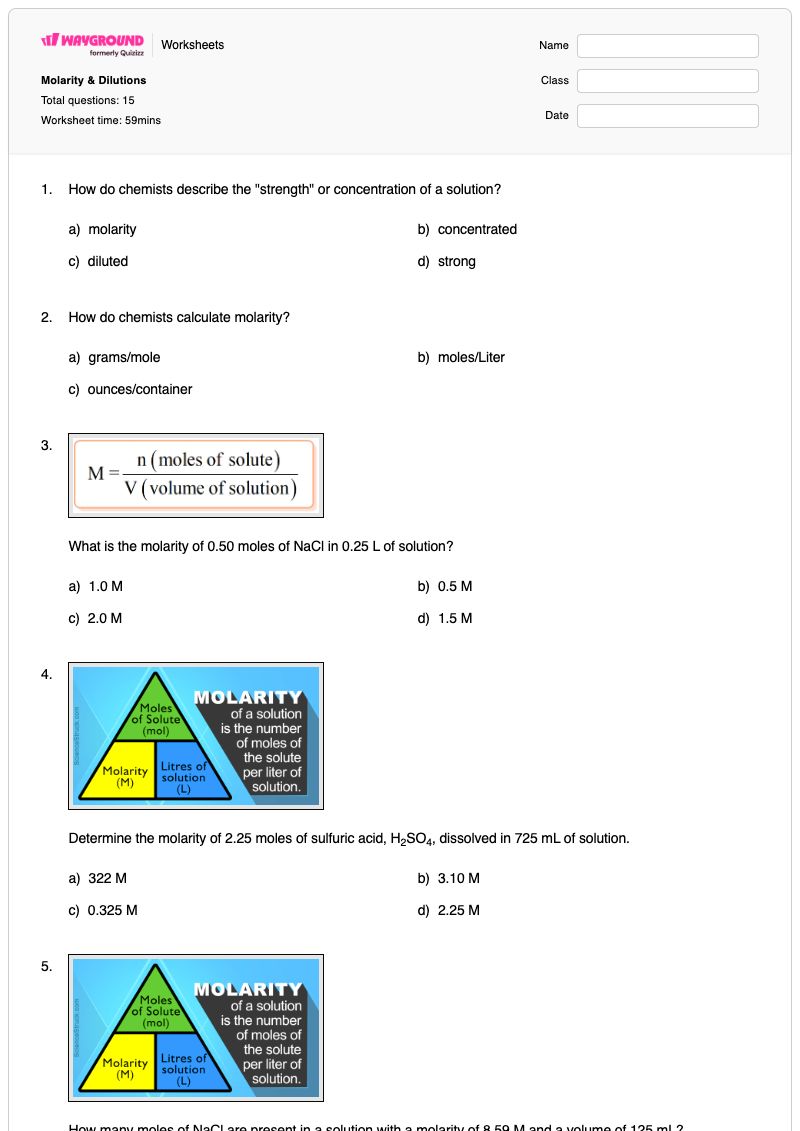 Molarity & Dilutions - พิมพ์ได้ ความเข้มข้นโมลาร์และการเจือจาง เวิร์กชีท - Wayground
