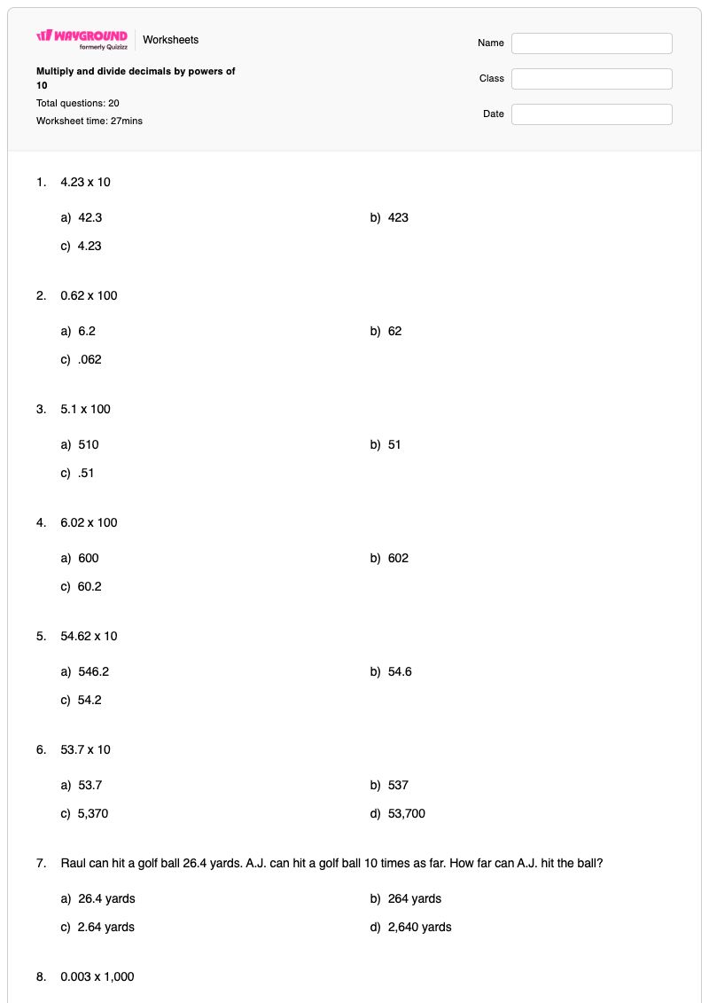 Multiply and divide decimals by powers of 10 - Printable Powers-of-10 Worksheets - Wayground