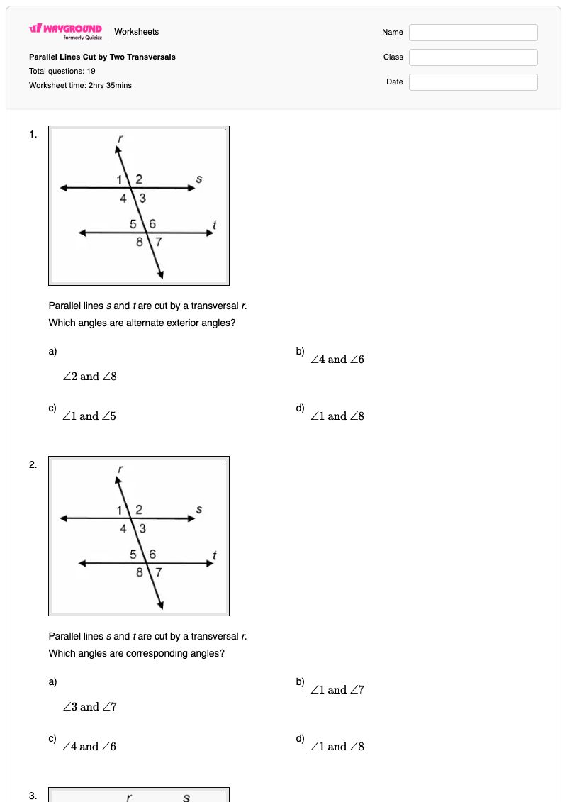 Parallel Lines Cut by Two Transversals - พิมพ์ได้ เส้นตัดขวางของเส้นขนาน เวิร์กชีท - Wayground