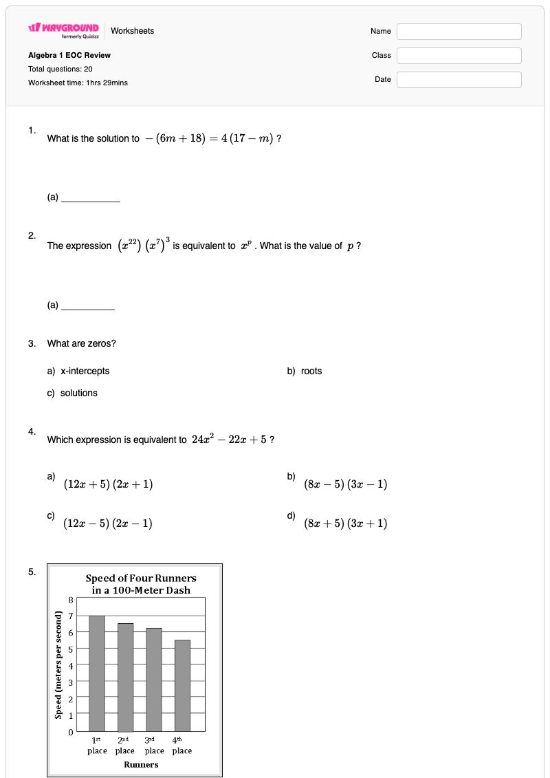 Algebra 1 EOC Review - Printable 1:1-correspondence Worksheets - Wayground