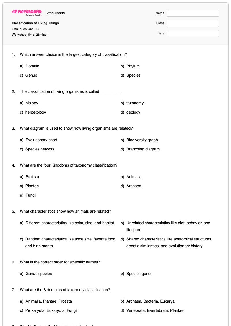 Classification of Living Things - Nadający się do druku Taksonomia Karty-pracy Klasa 6 - Wayground